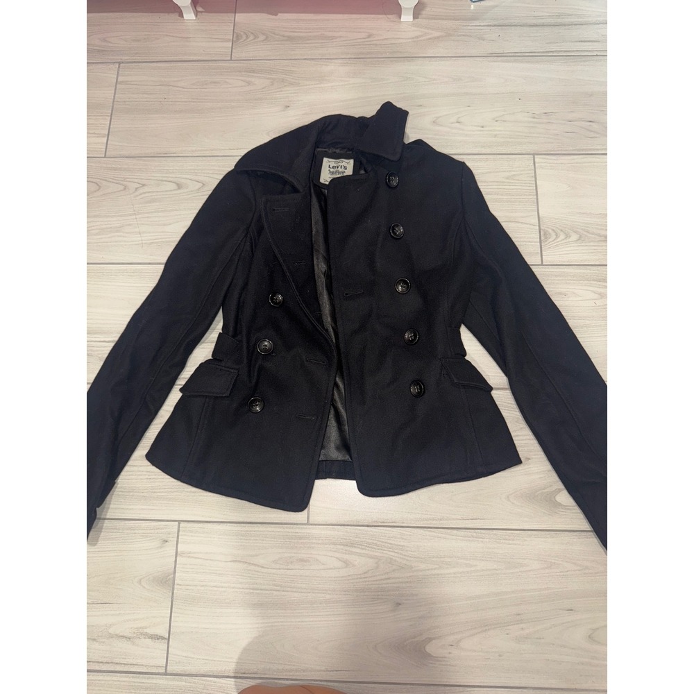 Levis Womens Black Recycled Wool Blend Double Breasted Pea Coat Jacket XS